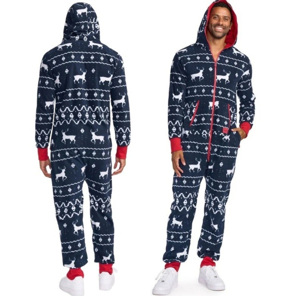 TIPSY ELVES Blue Reindeer Fleece‎ Hooded One Piece Jumpsuit Pajamas Men's L NWT